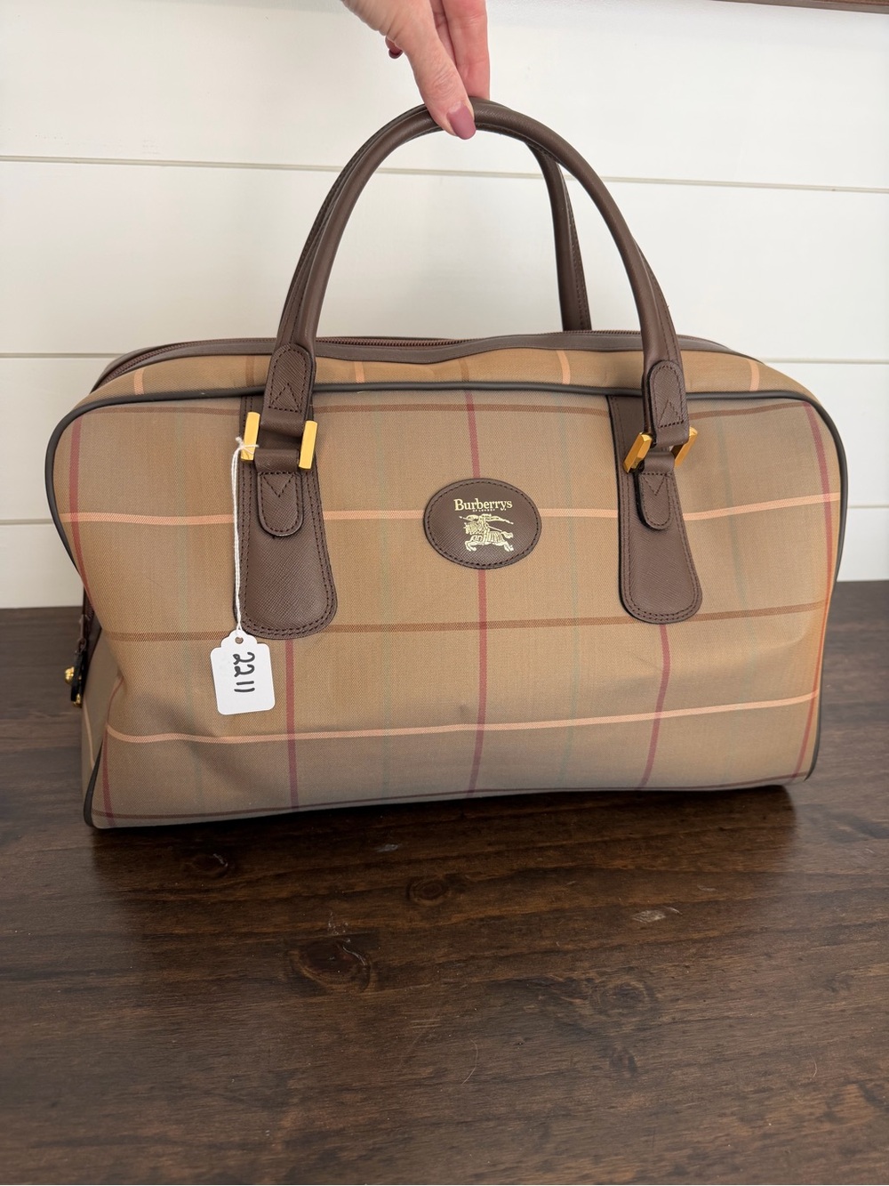 Burberry Beige Plaid Travel Bag with Brown Leather Handles